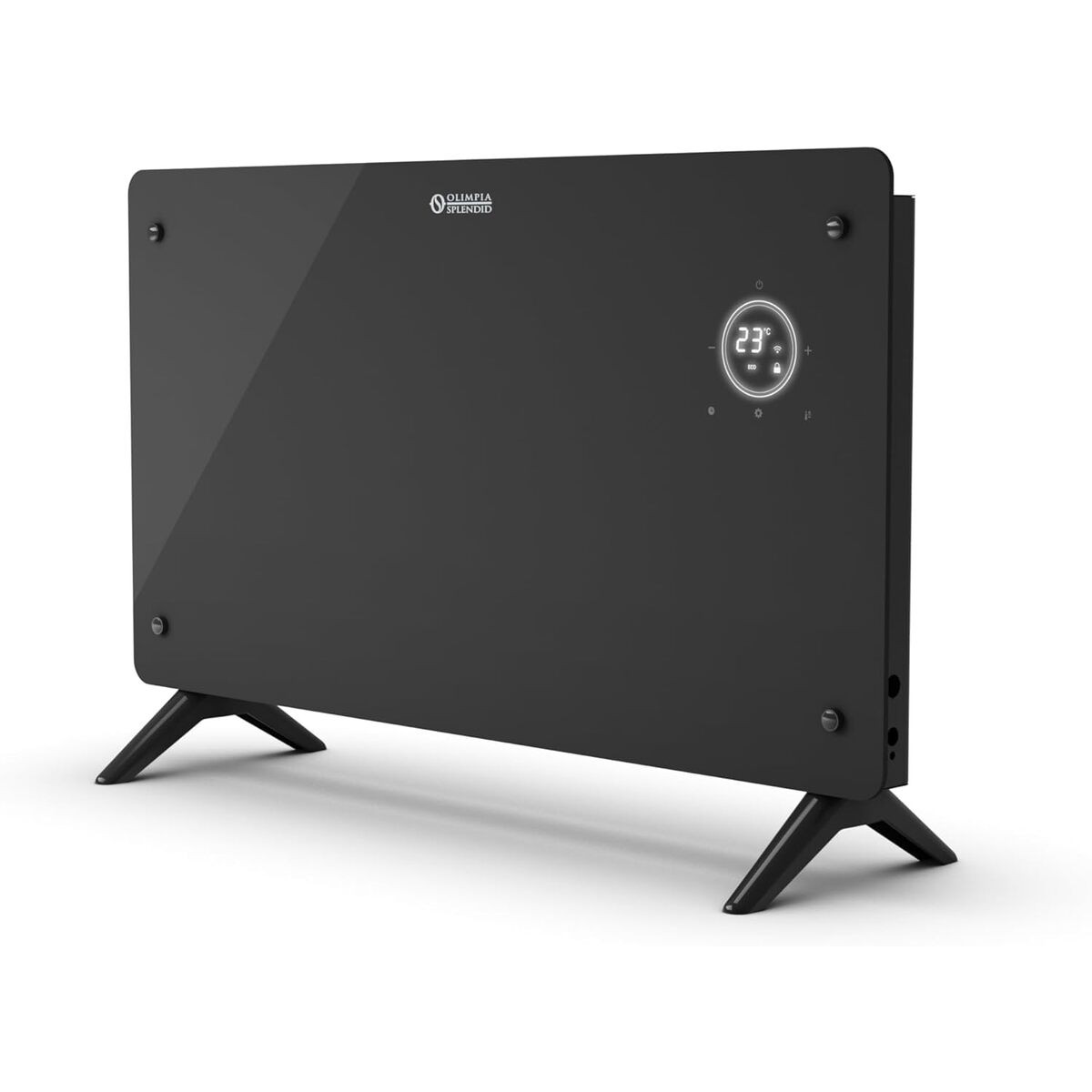 Konvektor Olimpia Splendid CALEO GLASS Wi-Fi - rozbaleno, tepelný výkon 2 kW, Wi-Fi ovládání, dotykový displej, dálkový ovladač, časovač, ochrana proti přehřátí, montáž na zeď nebo podlahu