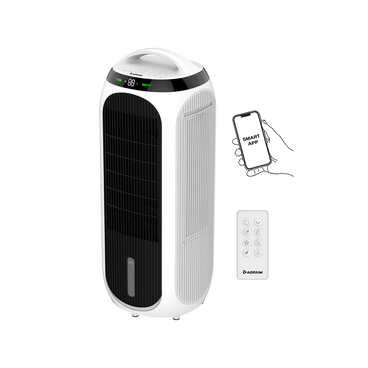 Ochlazovač vzduchu, čistička vzduchu, zvlhčovač a ventilátor AERIUM TotalCare 4in1 H13WIFI - rozbaleno, výkon CADR 160 m³/h, průtok vzduchu 240 m³/h, Wi-Fi ovládání, dálkové ovládání, filtr True HEPA H13, ionizátor, oscilace, plánování a časovač
